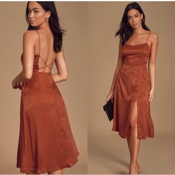 Lulus Marabel Rust Orange Satin Slit Backless Cami Midi Dress XS - Picture 1 of 15